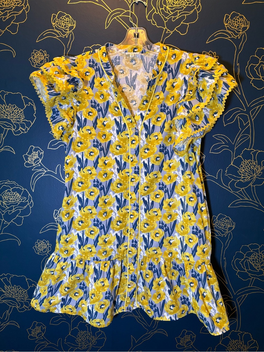 JODIFL Floral RIK RAK ruffle sleeve piping MINI DRESS vintage look MEDIUM